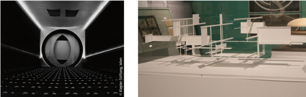 En la imagen de la izquierda, aspecto de la Sala del Film Guild Cinema mostrando la screen–o–scope. A la derecha, aspecto de la maqueta de la City in Space.