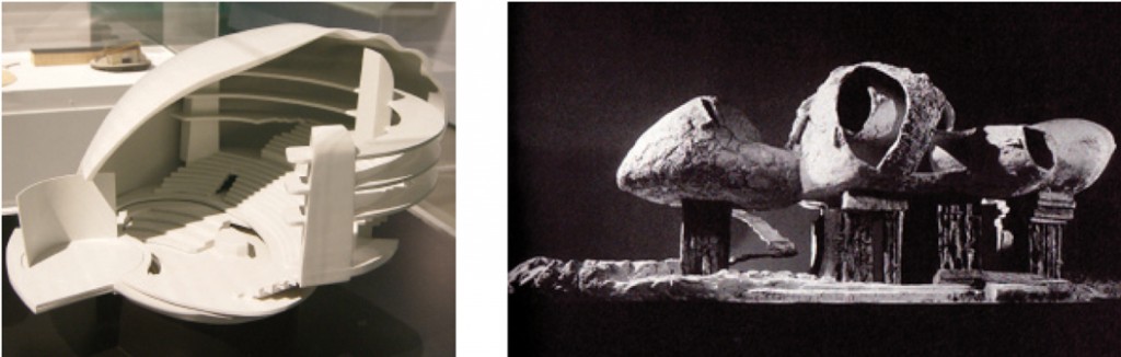 En la imagen de la izquierda, maqueta del Endless Theatre. A la derecha, su proyecto de Endless Housse diseñado  para el jardín del Museum of Modern Art de Nueva York.