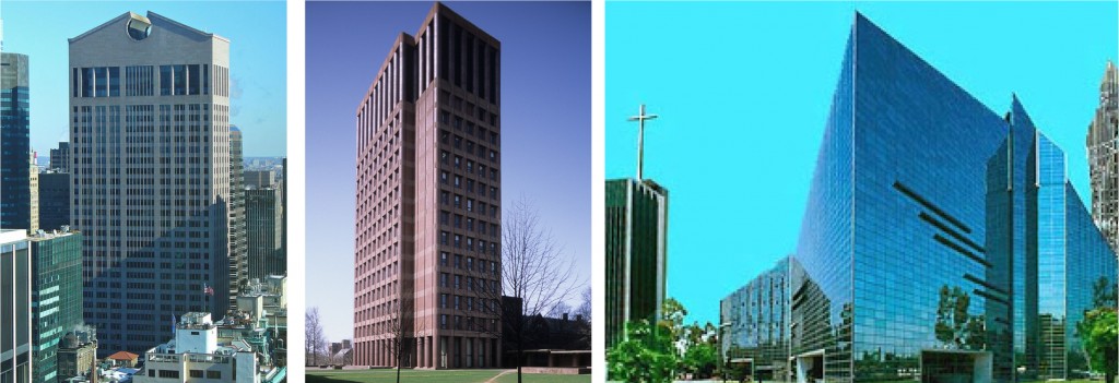 De izquierda a derecha, las oficinas de AT&T, el Kline Science Center y la catedral de Cristal.